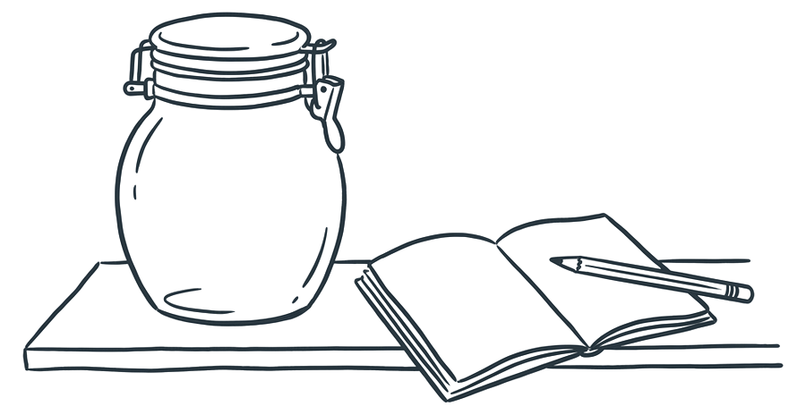 A closed jar on a shelf beside an open notebook and a pencil.