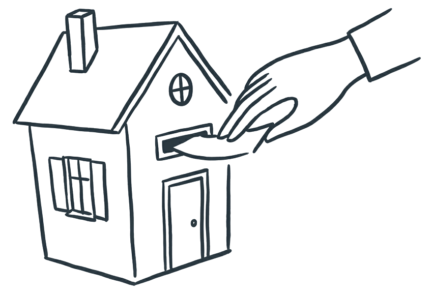 A hand slotting a strip of paper into the letterbox of a small house.