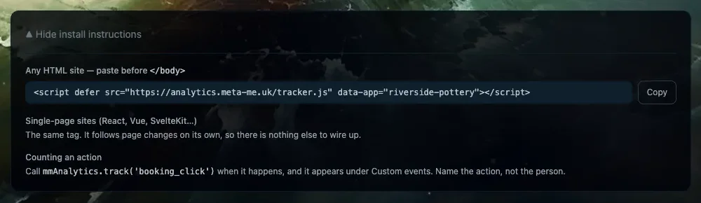 The install panel: one line to paste, a note that it covers single-page sites, and how to count an action.